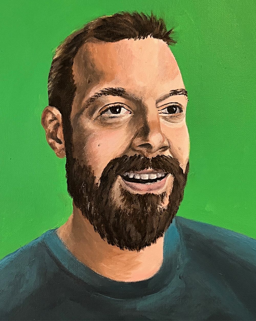 A painted portrait of a bearded man with green background